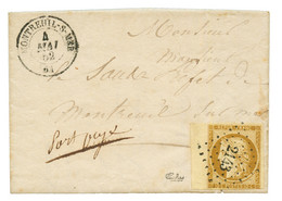 1850 10c (n°1) Bord De Feuille , Filet Touché En Bas Obl. PC 2143 + T.15 MONTREUIL-S-MER. Signé CALVES. TTB. - 1849-1850 Ceres
