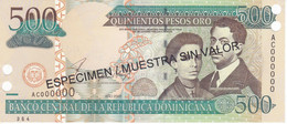 ¡¡MUESTRA!! BILLETE DE REP. DOMINICANA DE 500 PESOS ORO DEL AÑO 2002 - ESPECIMEN-SPECIMEN - República Dominicana