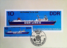 ► NAVIRE  COMMERCE -  Cargo Ship MS FICHTElbERG RO RO - DDR Allemagne Timbre Panoramique1982 Maximumkarten - Pétroliers