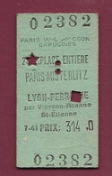 051120 - TICKET TRANSPORT - 1942 Paris W-L Cook Capucines - 2 Place Entière PARIS AUSTERLITZ LYON PERRACHE Prix 314 0238 - Europe