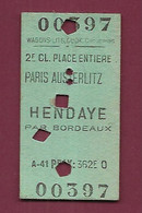 051120 - TICKET TRANSPORT 1941 Wagons Lits Cook Capucines 2e Cl Place Ent PARIS AUSTERLITZ HENDAYE 362F 00397 Labenne N - Europa