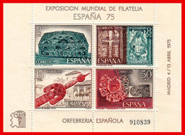 HOJITA CONMEMORATIVA DE ESPAÑA - AÑO 1975 - NUEVO -. ( EXPOSICIÓN MUNDIL DE FILATELIA ESPAÑA 75 ) – ORFEBRERIA - - Feuillets Souvenir