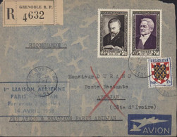Première Liaison Aérienne Paris Abidjan Par Avion à Réaction 14 4 1953 YT 833 + 835 + 902 Recommandé Grenoble 13 4 53 - 1960-.... Lettres & Documents