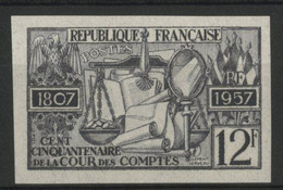 N° 1107 ESSAI NON DENTELE CENT CINQUANTENAIRE DE LA COUR DES COMPTES 12Fr Gris Lilas. Neuf * (MH). TB. - Color Proofs 1945-…