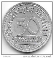 Weimar Rep 50   Pfening 1920 A Km 27   Xf+!!!! Catalog Val. 8,00$ - 50 Rentenpfennig & 50 Reichspfennig