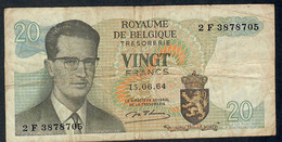 BELGIUM  P132b  20  FRANCS   15.6.1964  #2F       F-VF - 20 Francs