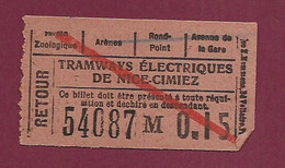 061120 - TICKET TRANSPORT TRAIN TRAM Tramways électriques Nice Cimiez Retour 54087 M 0.15 - Europa