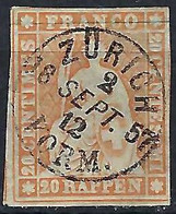 SUISSE 1857: Le  ZNr. 25F,  Obl. CAD Zürich Du 2 SEPT. 1857, Forte Cote - Gebraucht