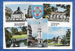 CPSM Souvenir De Paris XIV Multivues Avec Blason Eglise D'Alesia Avec 2 CV - Tampon Aéroport De Paris Au Recto - District 14