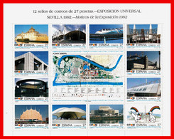 SEVILLA EXPO 92 - HOJA CONMEMEMORATIVA DE ESPAÑA - NUEVO-. (12 SELLOS DE 27 Ptas. EXPOSICIÓN UNIVERSAL) - Hojas Conmemorativas