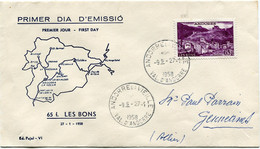 ANDORRE FRANCAIS ENVELOPPE 1er JOUR D'EMISSION DEPART ANDORRE-LA-VIEILLE 27-1-1958 VAL. D'ANDORRE POUR LA FRANCE - Briefe U. Dokumente