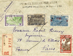 7 Janv. 1931- Enveloppe RECC. Par Avion Pour La France " PREMIER SERVICE PAR AVION / Guyanr Française Le 8 Janvier 1931 - Lettres & Documents