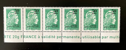 France 2020 Marianne L'Engagée Bande De 6 BAS Lettre Verte 20g Surchargée 50 Ans Gravés Dans L'Histoire Imprimerie - Unused Stamps