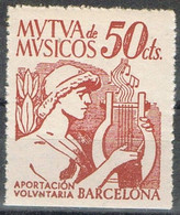 Sello Viñeta Barcelona, Mutua De Musicos 50 Cts, Aportacion Voluntaria, Fiscal, Musica ** - Variedades & Curiosidades