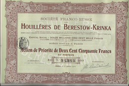 SOCIETE FRANCO -RUSSE DES HOUILLERES DE BERESTOW - KRINKA - LOT DE 3 ACTIONS DE PRIORITE DE 250 FRS -ANNEE 1910 - Mijnen