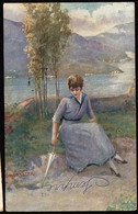 1918 Cartolina Viaggiata Illustratore Monestier Donna Con Ombrello - Monestier, C.
