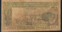 W.A.S. LETTER A = IVORY COAST  P101Af 500 FRANCS 1984  Sign.18   FINE - Stati Dell'Africa Occidentale