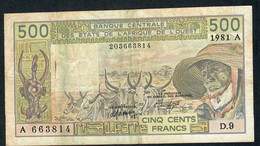 W.A.S. LETTER A = IVORY COAST  P101Ab1 500 FRANCS 1981  Sign.15   VF - West African States