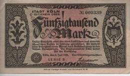 Notgeld Stadt Koln     50 000 Mark   2 - 7 - 1923 (Signature D'Adenauer ) - Zonder Classificatie