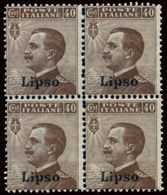 ITALIA ISOLE DELL'EGEO LIPSO 1912 40 C. (Sass. 6) QUARTINA NUOVA INTEGRA ** - Egeo (Lipso)