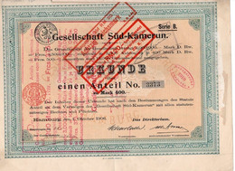 Urkunde über Einen Anteil Zu Mark 400 Série B - Gesellschaft Süd-Kamerun - Hamburg 1906. - Banco & Caja De Ahorros