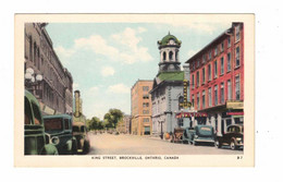 BROCKVILLE, Ontario, Canada, King Street & Stores, 1930's Cars, Old WB Postcard, Leeds County - Brockville