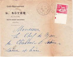 YT 283 Sur Lettre "café-restaurant Soyer" à Nuits-St-Georges, Pour Chalon-sur-Saône (1933) - 1932-39 Peace