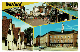 Ref 1423 -  Multiview Postcard - Watford Hertfordshire - High Street - Town Hall - The Pond & Almshouses - Hertfordshire