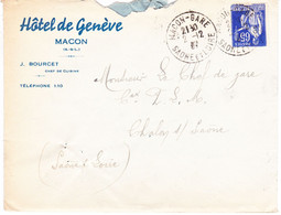 YT 365 Sur Lettre "hôtel De Genève" à Mâcon, Pour Chalon-sur-Saône (1937) - 1932-39 Peace