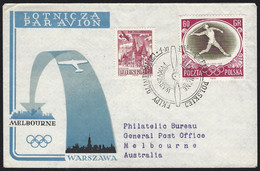 1956 Letter To Australia, Registered, Recommande,  Javelin Thrower, Air Mail, Receiving Cancel, Postmark Olympic P51 - Vliegtuigen