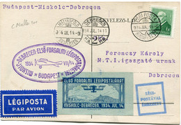 HONGRIE CARTE PAR AVION AVEC VIGNETTE "...MISKOLC-DEBRECEN 1934 JUL 14" DEPART BUDAPEST 934 JUL 14  POUR LA HONGRIE - Storia Postale