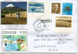 Belle Lettre De La Région Du Mt Fuji,avec Vignettes Prevention Covid19 Japonais & Et Arrivée Andorra,avec Timbre à Date - Storia Postale