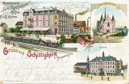 Gruss Aus Schiltigheim Pionnière Litho Couleur  Restaurant Zum Radfahrer Kern . Gare . Station. Litho Gabelmann - Schiltigheim