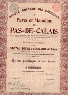 Action Privilégiée De 100 Frcs - S.A. Des Carrières à Pavés Et Macadam Du Pas = De = Calais - Bruxelles 1899. - Mines