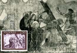 ANDORRE 12 Octobre 1966 Carte Maximum Fresque Du XVie Siècle Religion Calvaire Jésus - Storia Postale