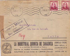 21601# Espagne LETTRE CENSURE CENSURA MILITAR SAN SEBASTIAN ZARAGOZA 1937 ESPANA - Marcas De Censura Nacional