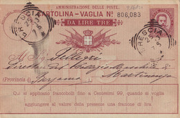 21615# Italie CARTOLINA VAGLIA DA LIRE TRE Obl BRESCIA 1893 MARTINENGO BERGAMO - Ganzsachen