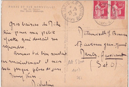 Carte Paris Rp Depart Banlieue 1940 Paix 50ct Verso La Bourse - 1932-39 Paix