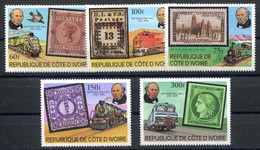 RC 18974 COTE D'IVOIRE COTE 8,50€ N° 504 / 508 SÉRIE ROWLAND HILL TIMBRES SUR TIMBRES LOCOMOTIVES NEUF ** - Côte D'Ivoire (1960-...)