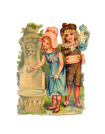 ANCIEN AUTHENTIQUE CHROMO DÉCOUPI - ENFANT COUPLE FONTAINE - 10 X 7 Cm - NEUF - Kinderen