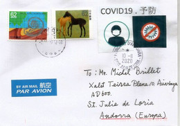 Lettre Du Japon (Poneys) Postée Pendant épidémie Covid19, Avec Vignette Locale Prevention Coronavirus,adressée Andorra - Storia Postale