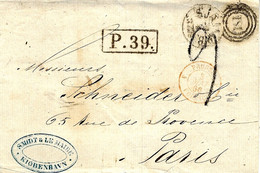 1866- Letter From COPENHAGUE To Paris -  P . 39 .framed +  Back  1 1/2 A. P Blu +  Blu LÜBECK / 1/5 IV T. / LAUENBERG - Lettres & Documents