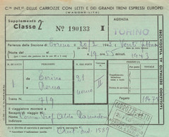 BIGLIETTO TRENO WAGON LITS 1943 TORINO ROMA (XF241 - Europa