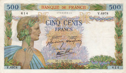 FRANCIA 500  FRANCS 1942.hs.  P-95  XF+ (piccoli Strappi Parte Di Sopra) - 500 F 1940-1944 ''La Paix''