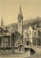 Brixen Tyroli Város Látképe, Acélmetszet, (J. M. Kolt Metszette L. Lange Festménye Után), Paszpartuban, üvegezett Fa Ker - Estampes & Gravures