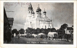 T3 1917 Hrodna, Grodno; Am Markt / Street View, Church, Market Vendors (worn Corner) - Non Classés