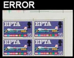 Great Britain 1967 Airplane Freighter Carrier Cargo EFTA 1/6 CORNER 4-BLOCK ERROR:Norwegian Flag - Plaatfouten En Curiosa