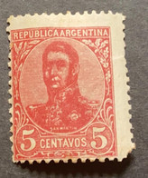 A) 1908, ARGENTINA, GENERAL JOSE DE SAN MARTIN, SHIFTED, 5C, DATA ISSUED OF FEB 29 1908, DARK PINK - Nuevos