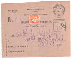 TOMBEBOEUF Lot Et Garonne Recouvrement Formule 1494 Entière Yv 286 1F Paix Orange Utilisé Pour Taxe Ob 1936 - Briefe U. Dokumente