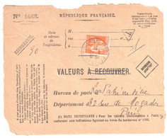 PARIS IX Devant Formule 1488 Valeurs à Recouvrer En Tant Que Valeurs RECOUVREES Taxe PAR Yv 286 1F Paix Orange Ob 1936 - Covers & Documents